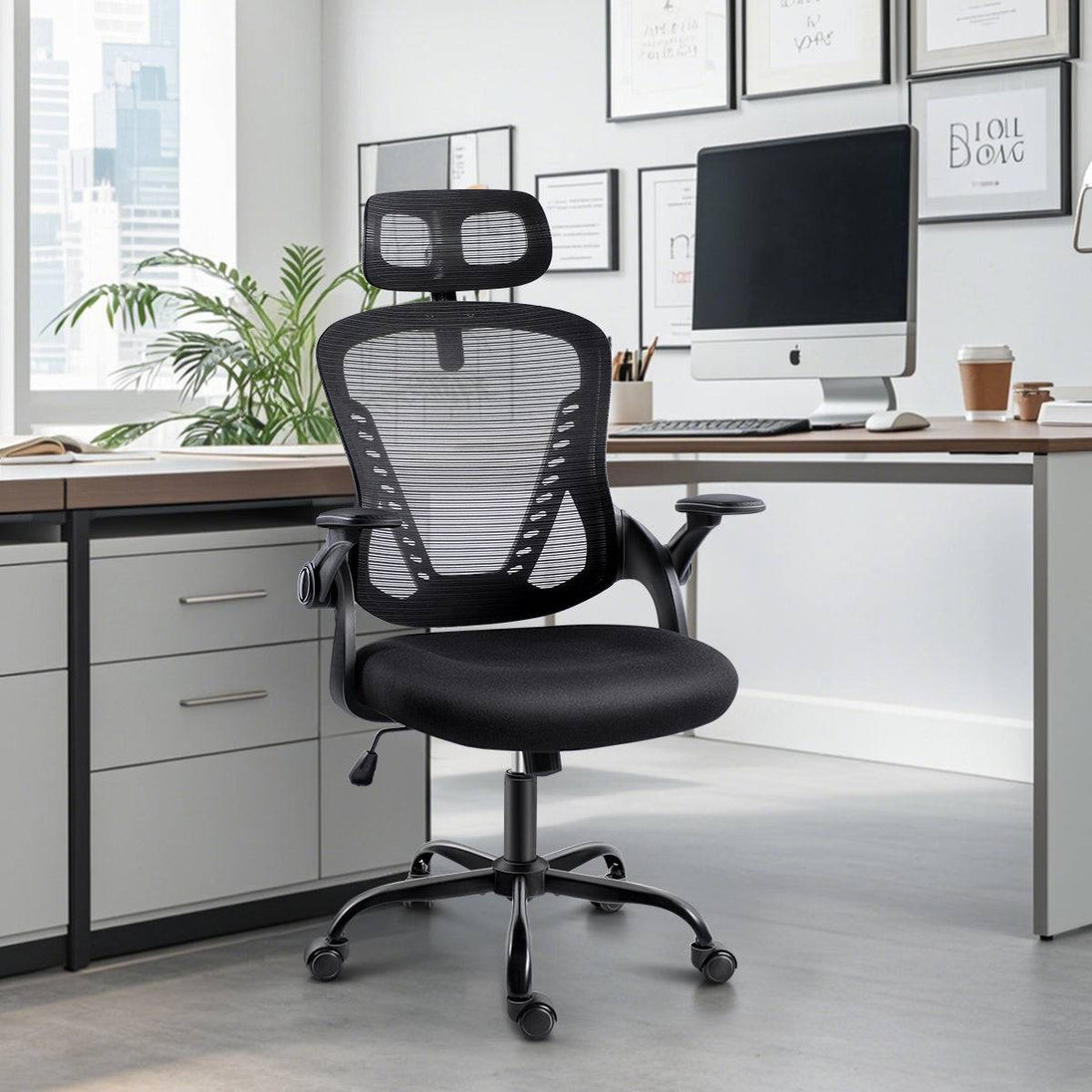 GGCIR Black Ergonomic Office Chair placed in a modern office setting, complementing a professional workspace with its sleek and functional design.