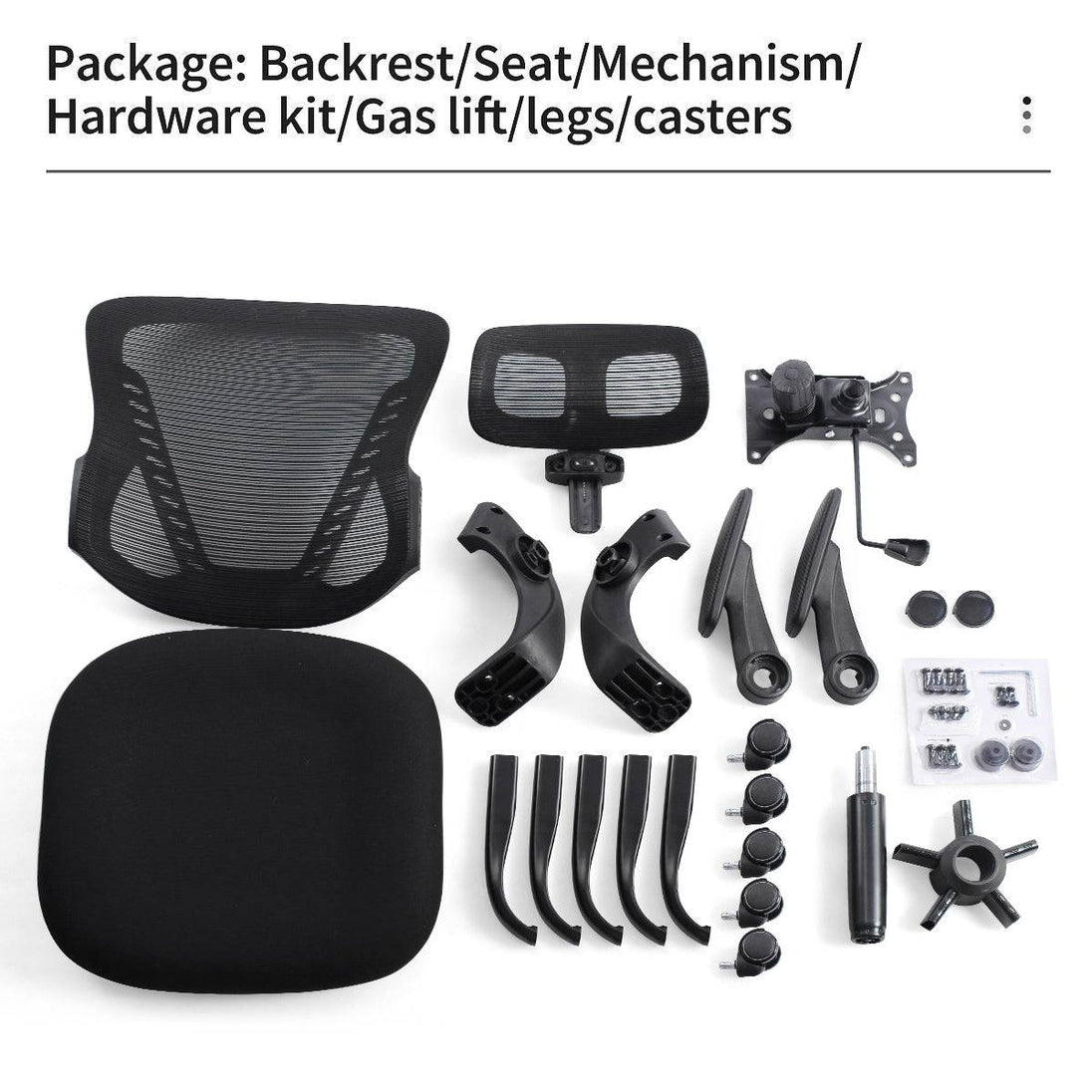 Package contents of the GGCIR Ergonomic Office Chair, including backrest, seat, armrests, hardware kit, gas lift, legs, and casters for assembly.