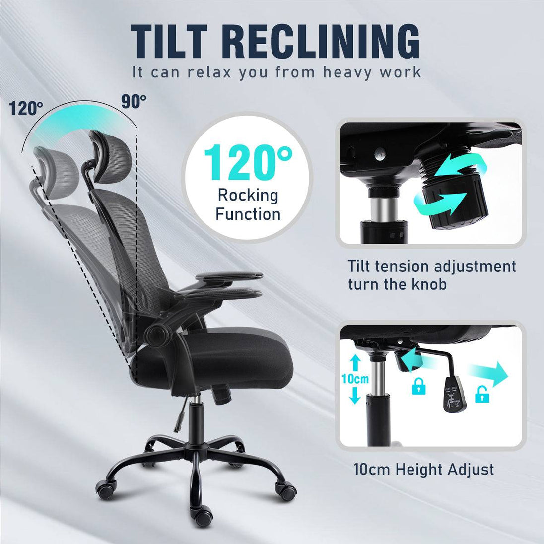 Tilt reclining function of the GGCIR Ergonomic Office Chair, allowing a 90°-120° rocking motion with adjustable tilt tension and height settings.