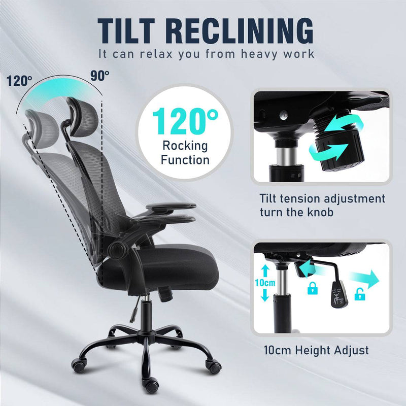 Tilt reclining function of the GGCIR Ergonomic Office Chair, allowing a 90°-120° rocking motion with adjustable tilt tension and height settings.