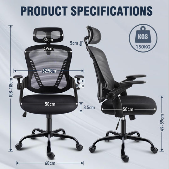 GGCIR Ergonomic Office Chair with Adjustable Arms and Headrest Black features breathable mesh back, 150kg weight capacity, and customizable height.