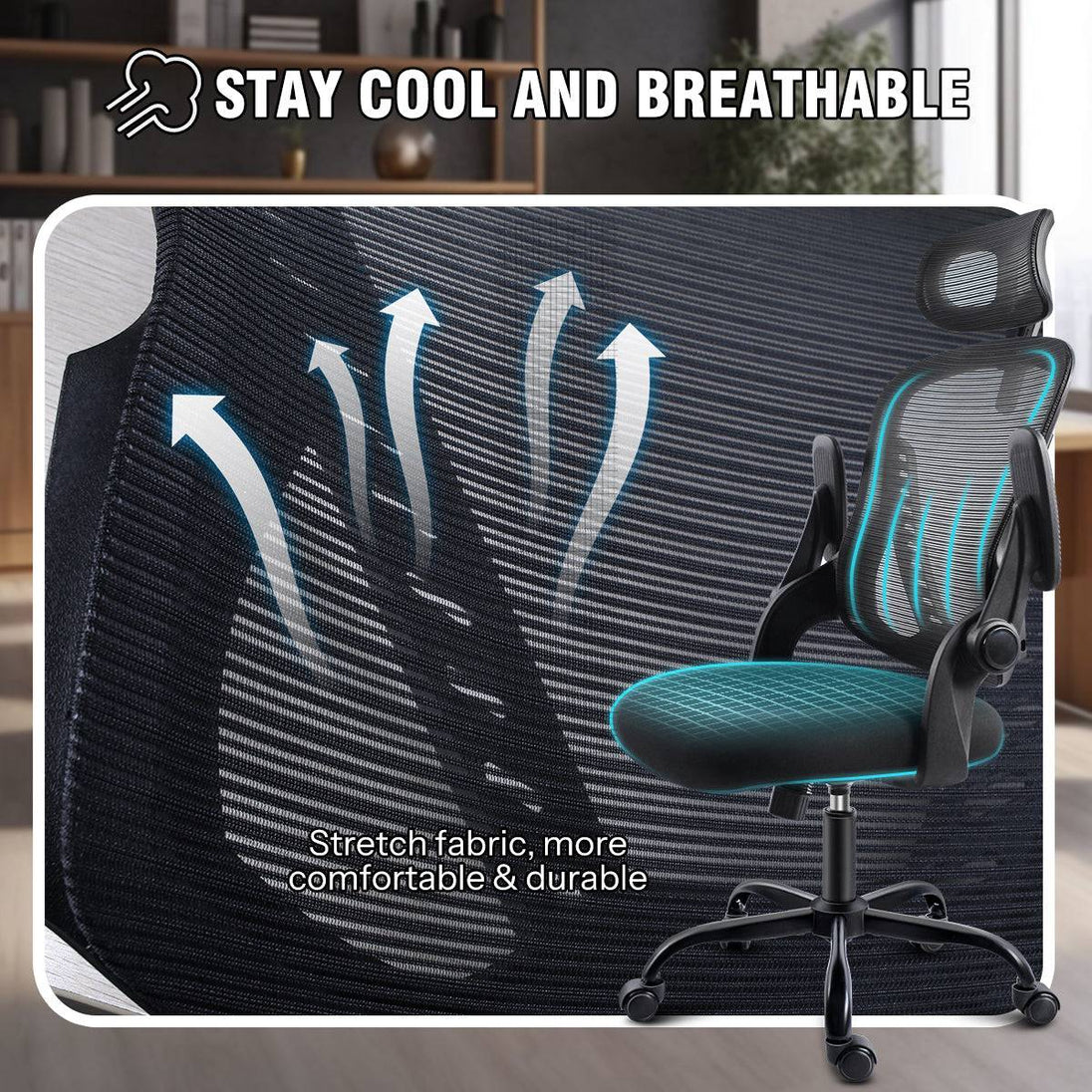 Breathable mesh backrest of the GGCIR Office Chair, designed with stretch fabric to enhance airflow and keep users cool and comfortable.