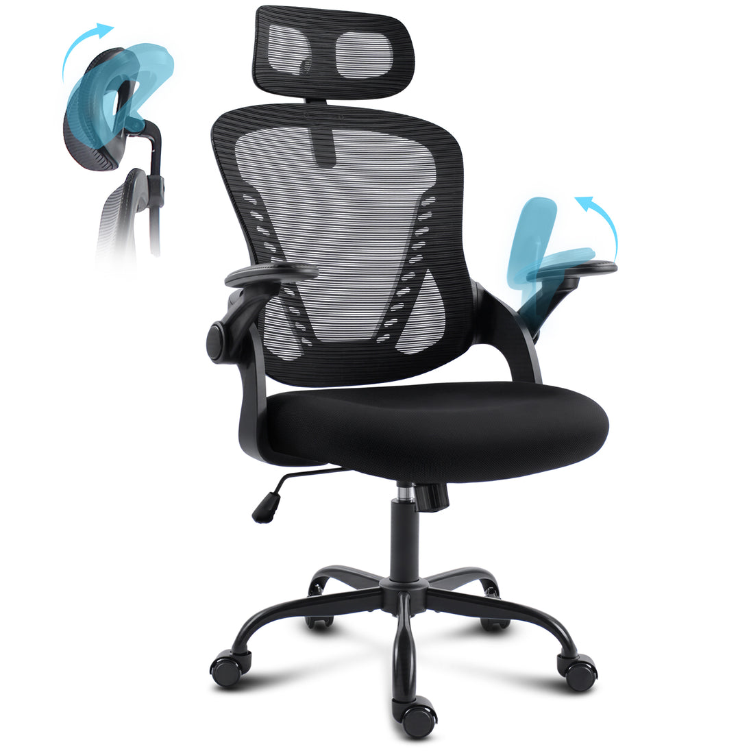 GGCIR Ergonomic Office Chair with Adjustable Arms and Headrest Black features breathable mesh back, padded seat, and swivel base for all-day comfort.