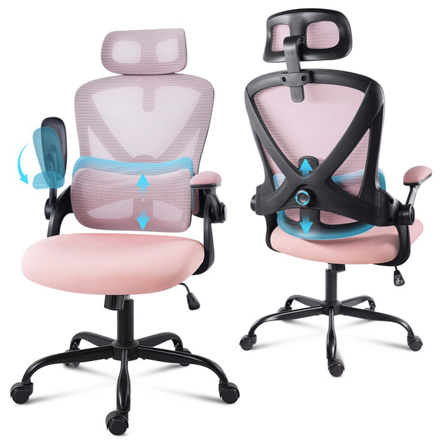 Pink ergonomic office chair with adjustable lumbar support and padded arms