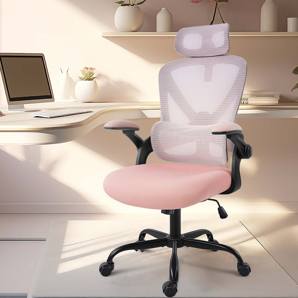 Pink ergonomic office chair with adjustable lumbar support and padded arms in workspace