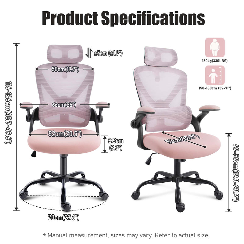 Product specifications for pink ergonomic office chair with adjustable lumbar support