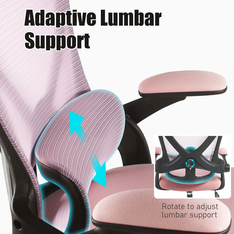Close-up of pink padded armrest on ergonomic office chair with adjustable lumbar support