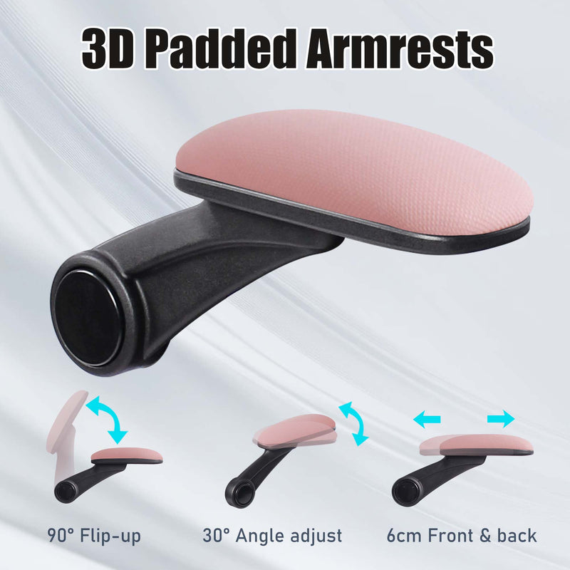 3D padded armrests on pink ergonomic office chair with adjustable lumbar support