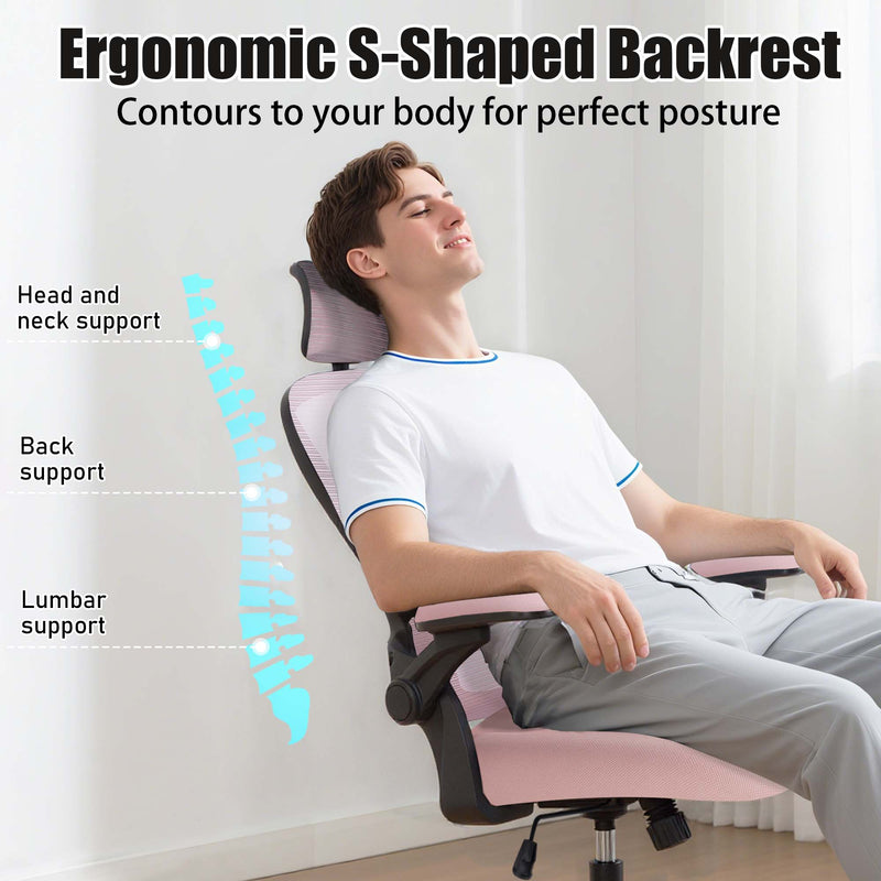 Ergonomic pink office chair with adjustable lumbar support and padded arms