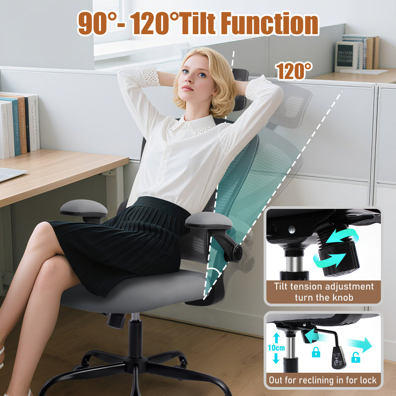 Person reclining in ergonomic office chair with adjustable headrest and tilt function