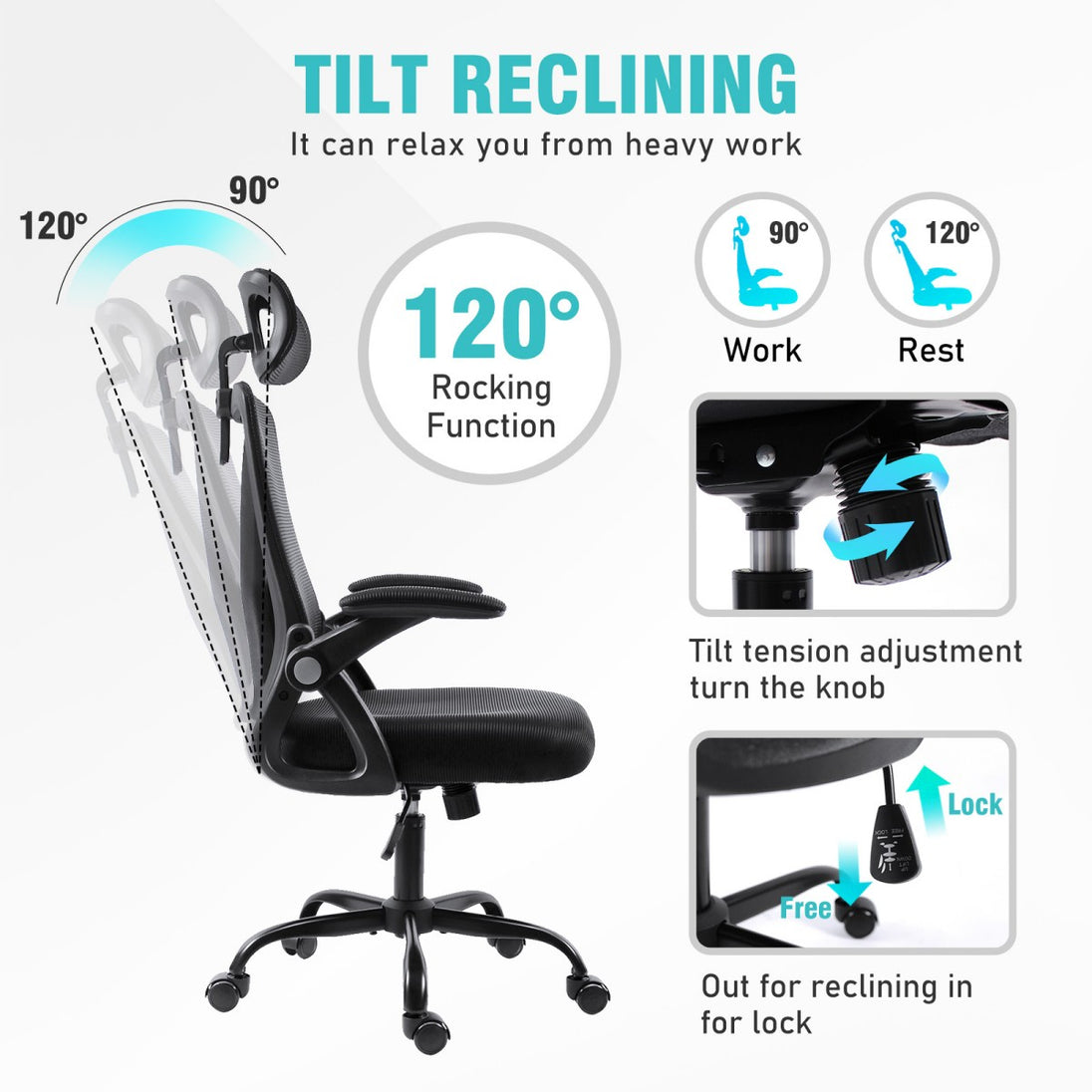 Tilt reclining function of the GGCIR Office Chair, offering 120-degree rocking and adjustable tension for work and rest positions.