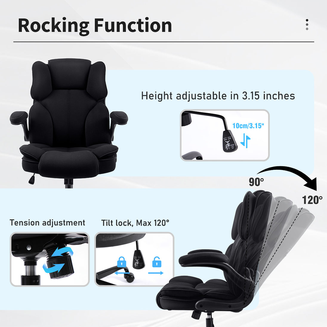 Rocking function of the GGCIR Fabric Executive Office Chair with adjustable height, tilt lock, and tension control.