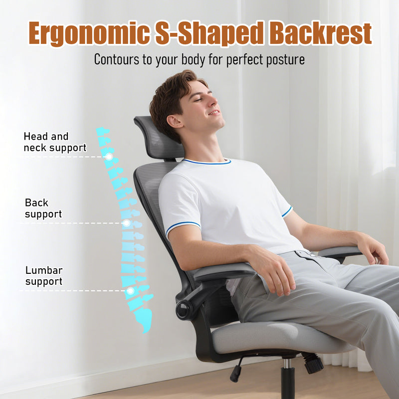 Ergonomic office chair with adjustable lumbar and padded arms in grey