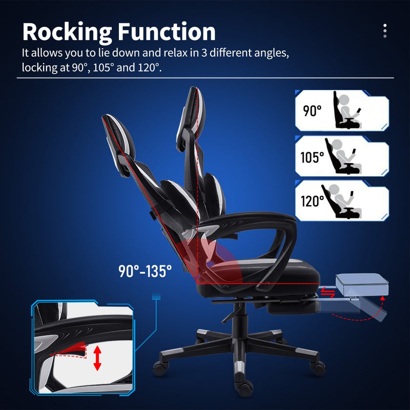 Gaming chair with adjustable reclining angles 90°, 105°, 120°