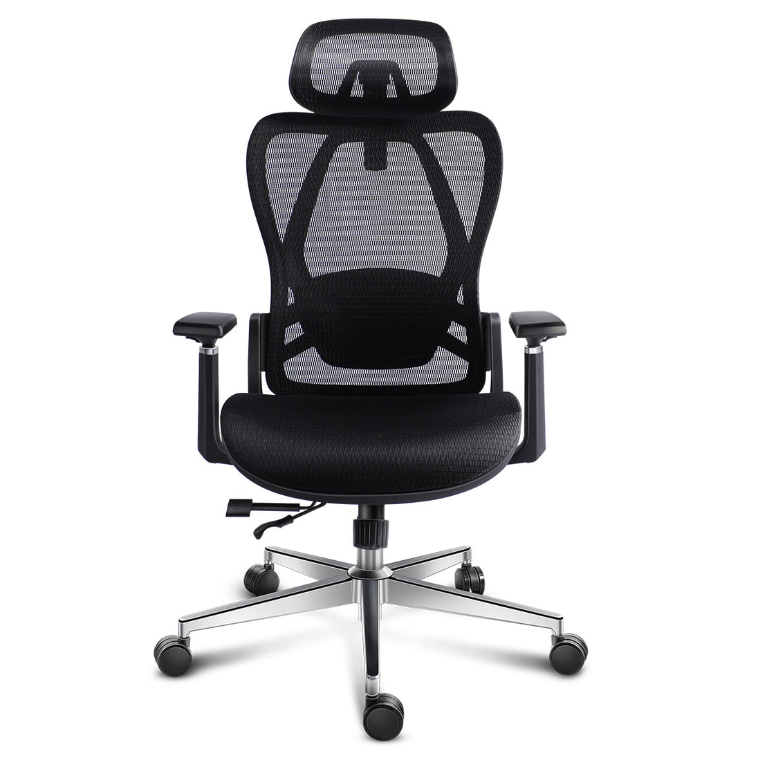 GGCIR Full Mesh Ergonomic Office Chair with Lumbar Support Black front view highlights breathable mesh design and ergonomic structure for office use.