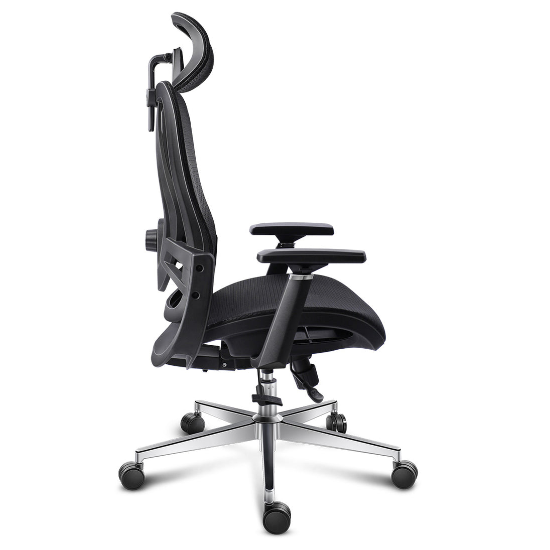 GGCIR Full Mesh Ergonomic Office Chair with Lumbar Support Black side profile shows adjustable seat depth, armrests, and reclining mechanism.
