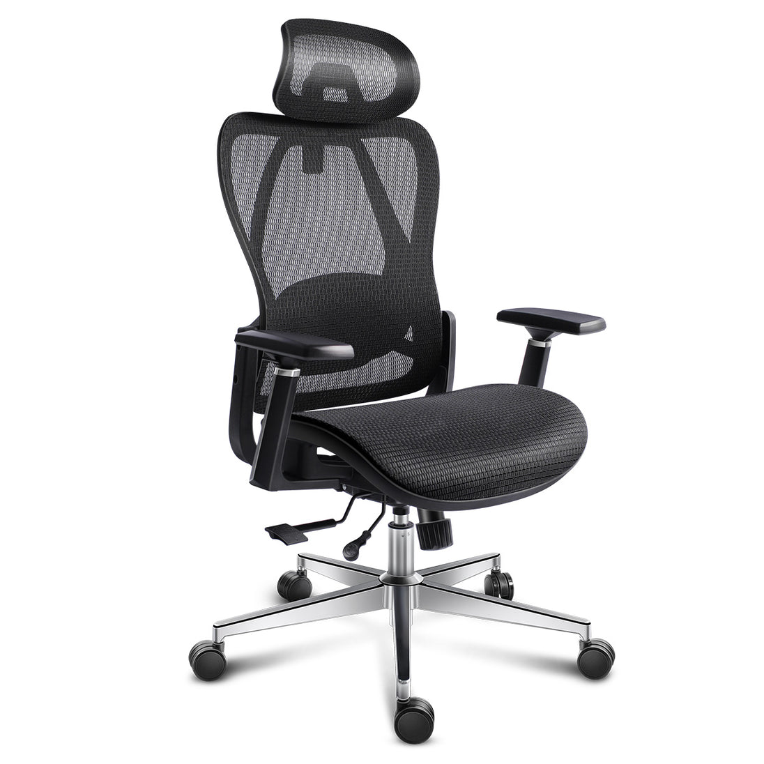 GGCIR Full Mesh Ergonomic Office Chair with Lumbar Support Black shown from front angle, highlighting mesh seat, backrest, and adjustable armrests.