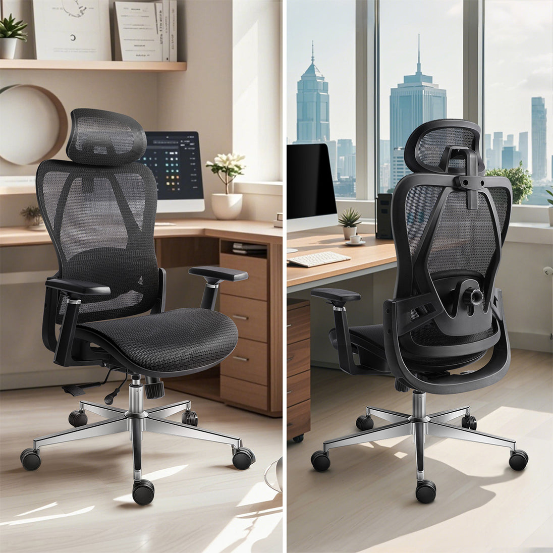 GGCIR Full Mesh Ergonomic Office Chair with Lumbar Support Black placed in a modern office setting, showcasing its sleek design and comfort features.