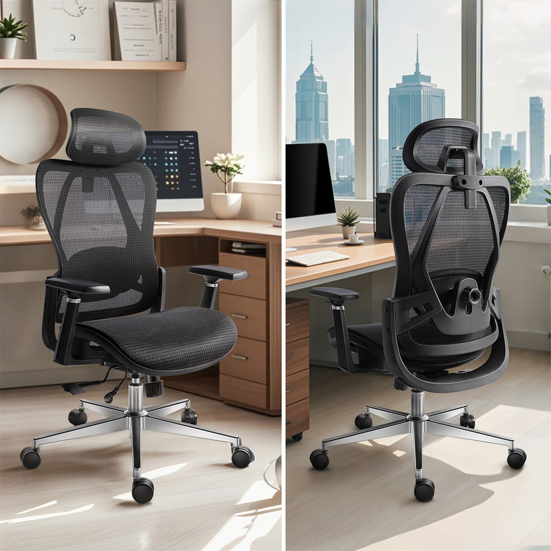 GGCIR Full Mesh Ergonomic Office Chair with Lumbar Support Black placed in a modern office setting, showcasing its sleek design and comfort features.