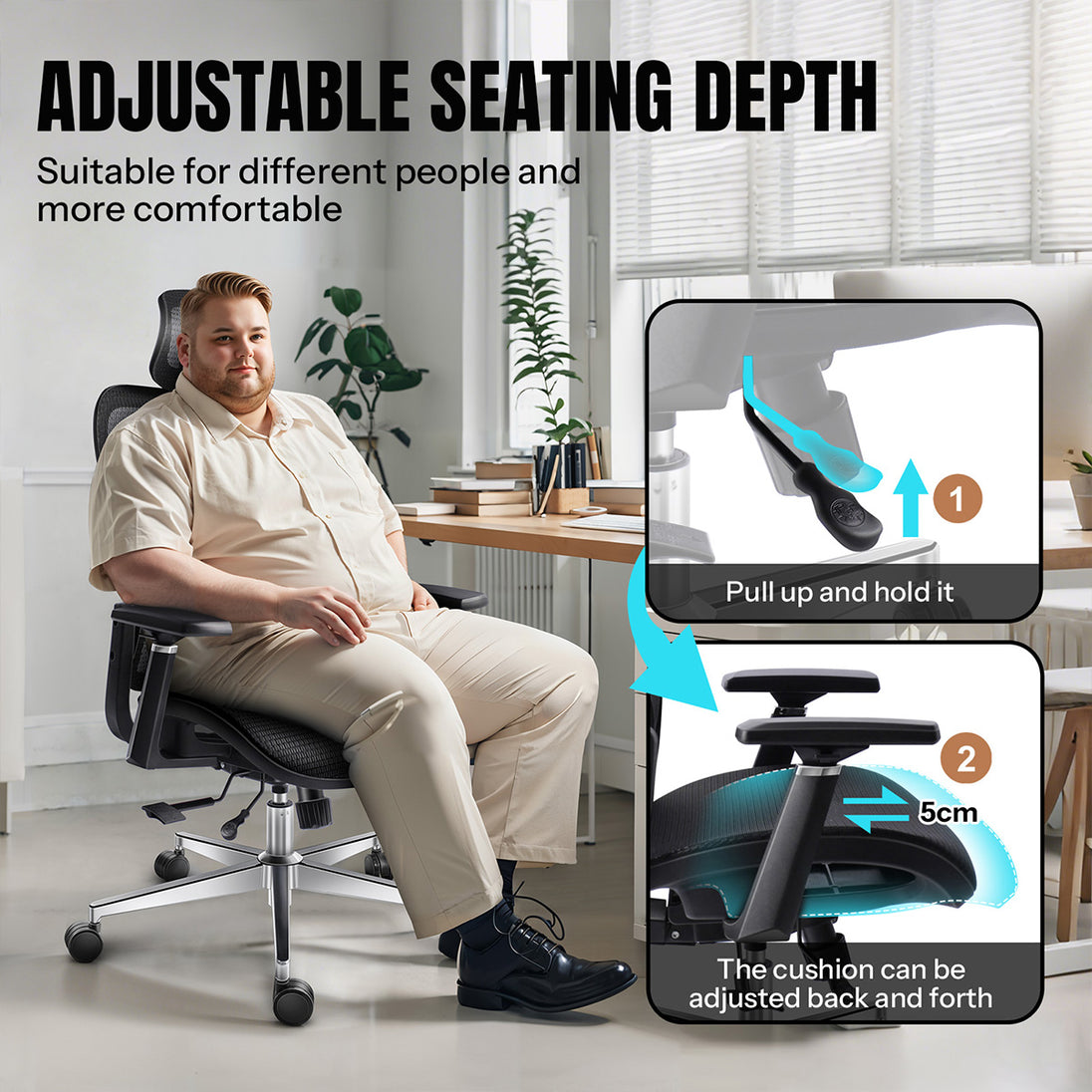 GGCIR Full Mesh Ergonomic Office Chair with Lumbar Support Black offers adjustable seat depth for personalized comfort and ergonomic support.