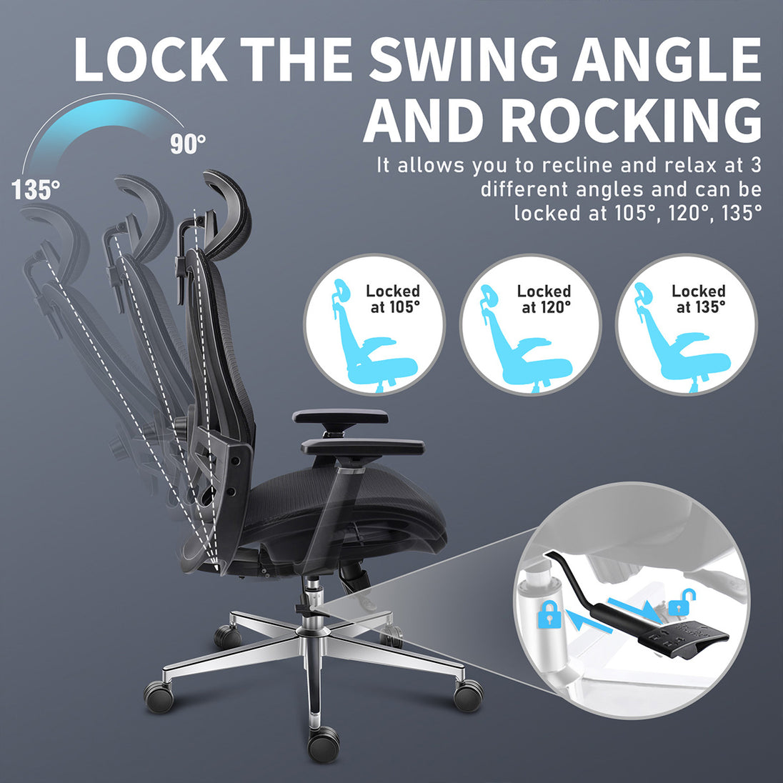 GGCIR Full Mesh Ergonomic Office Chair with Lumbar Support Black features lockable reclining angles at 105°, 120°, and 135° for optimal relaxation.