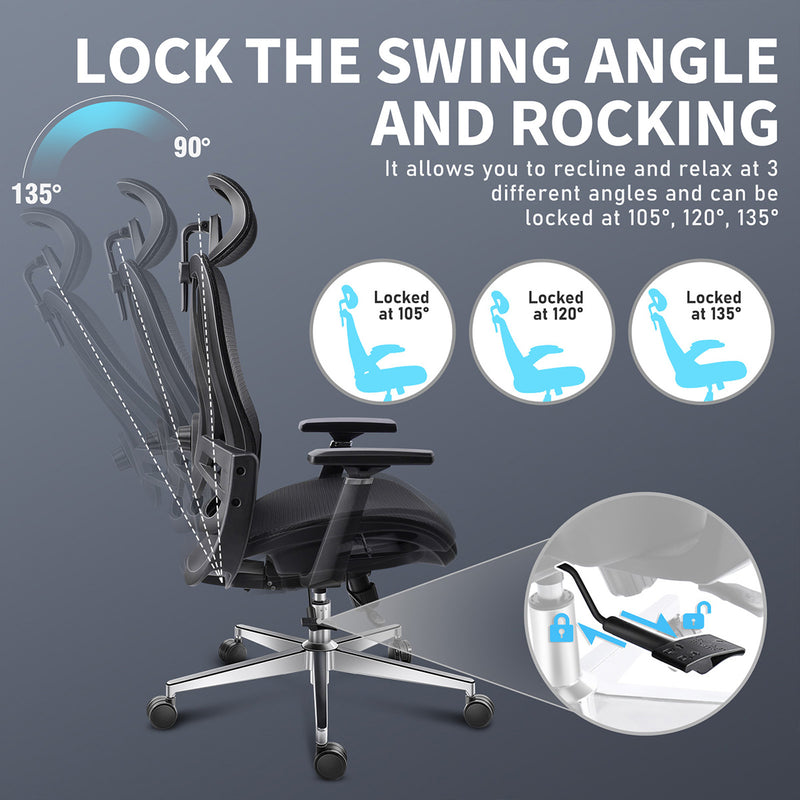 GGCIR Full Mesh Ergonomic Office Chair with Lumbar Support Black features lockable reclining angles at 105°, 120°, and 135° for optimal relaxation.
