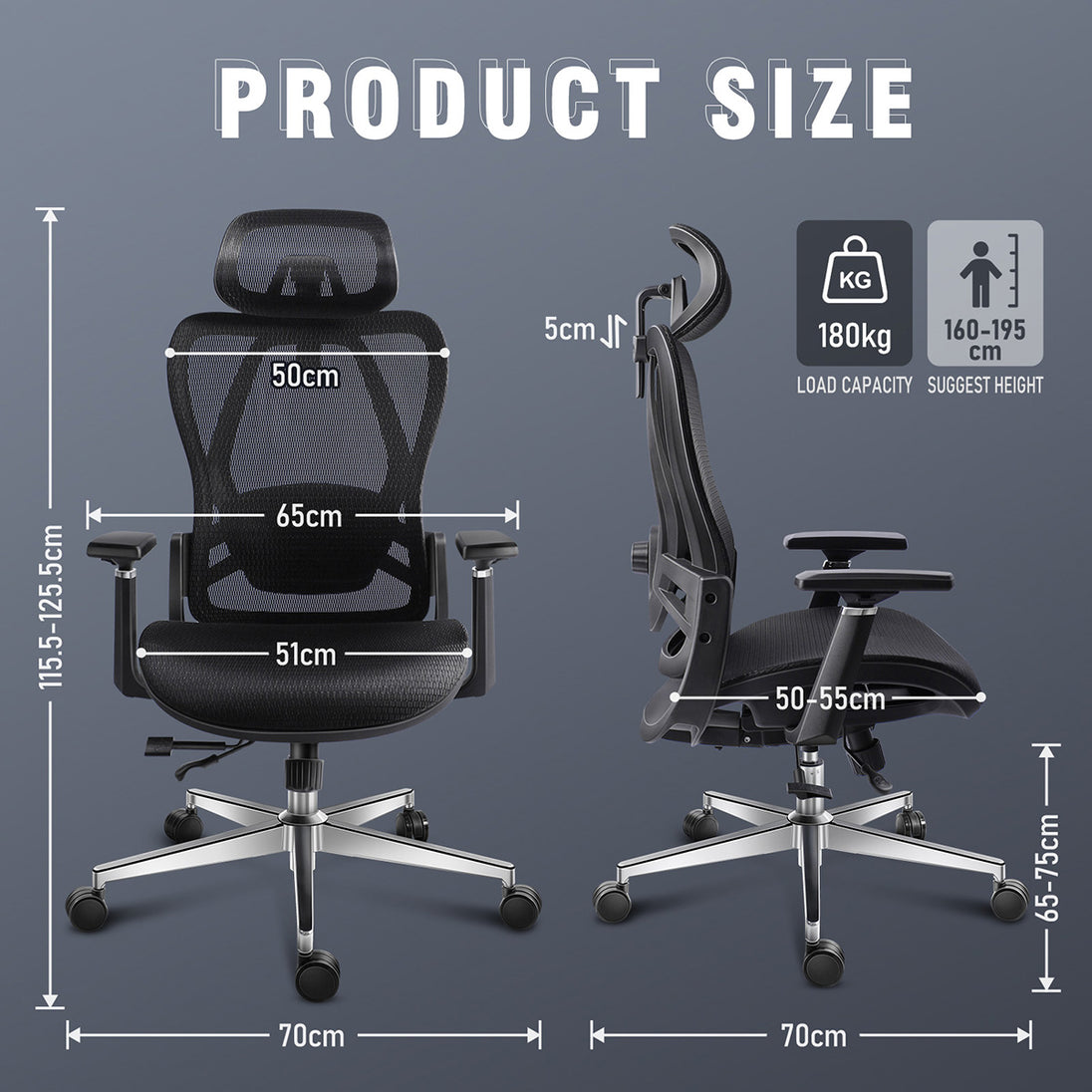 GGCIR Full Mesh Ergonomic Office Chair with Lumbar Support Black shown with detailed product dimensions and adjustable height range for ergonomic fit.