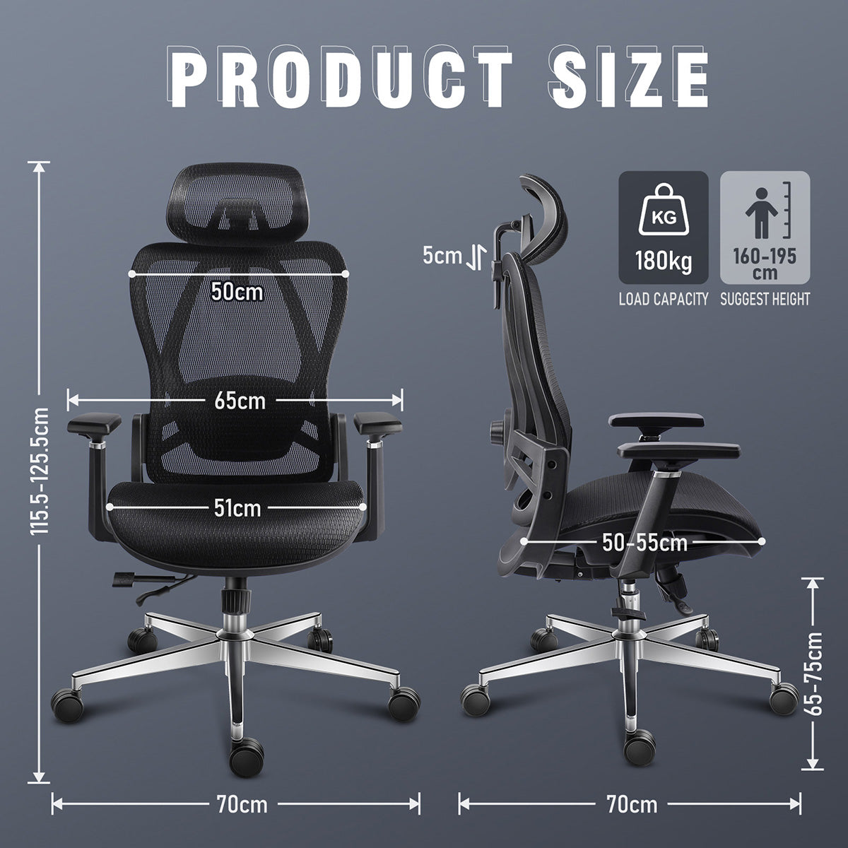 GGCIR Full Mesh Ergonomic Office Chair with Lumbar Support Black shown with detailed product dimensions and adjustable height range for ergonomic fit.