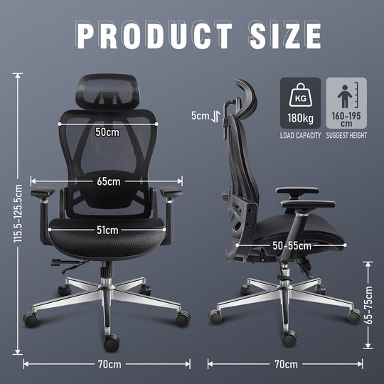 GGCIR Full Mesh Ergonomic Office Chair with Lumbar Support Black shown with detailed product dimensions and adjustable height range for ergonomic fit.