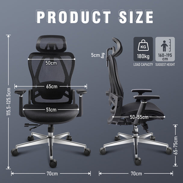 GGCIR Full Mesh Ergonomic Office Chair with Lumbar Support Black shown with detailed product dimensions and adjustable height range for ergonomic fit.
