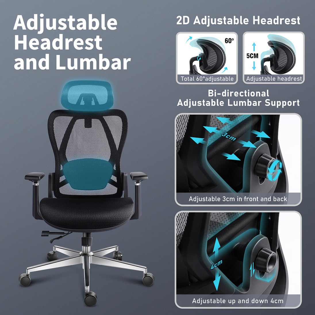 GGCIR Full Mesh Ergonomic Office Chair with Lumbar Support Black includes adjustable headrest and bi-directional lumbar support for customized posture.