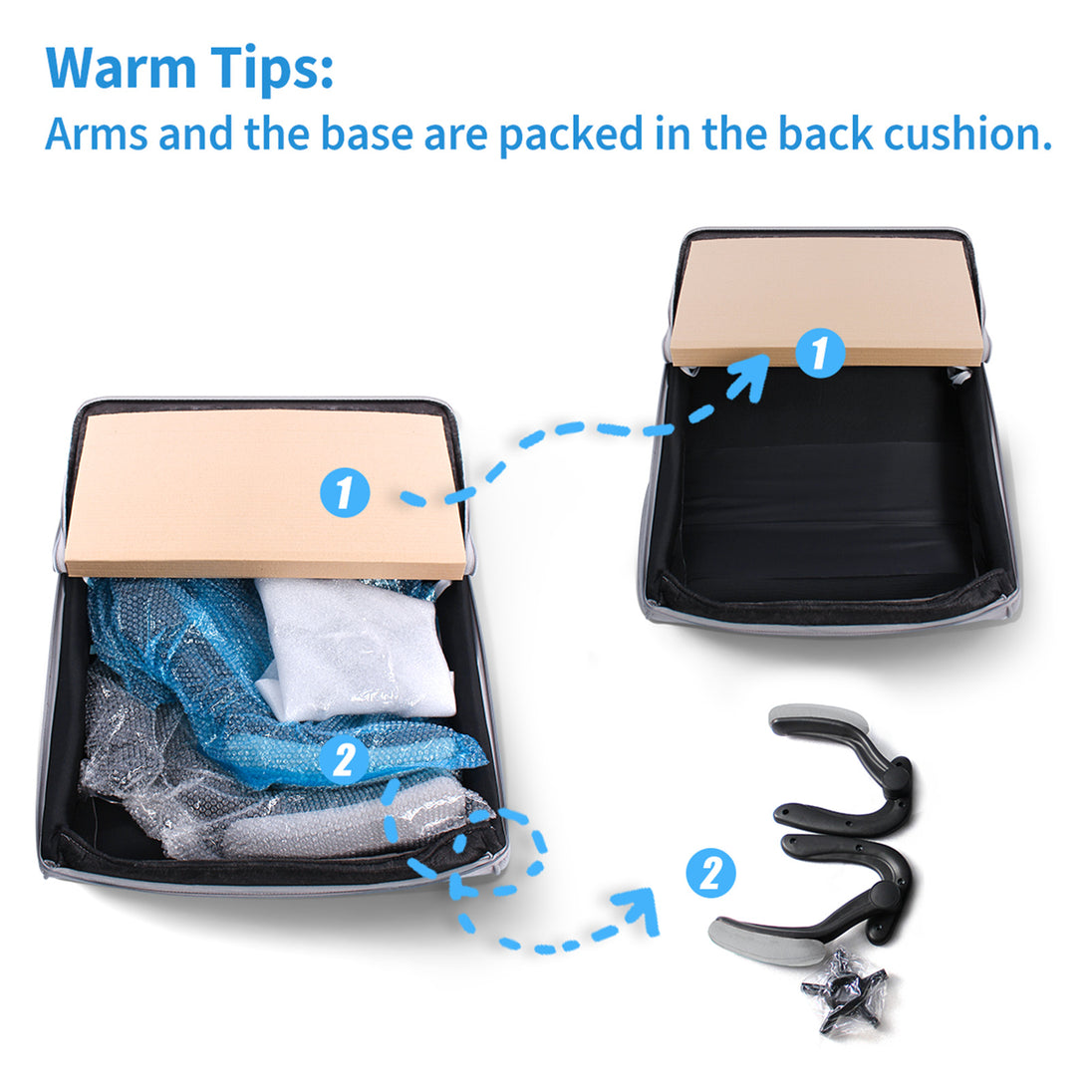 Packaging details of GGCIR executive office chair showing arms and base stored in back cushion for compact shipping.