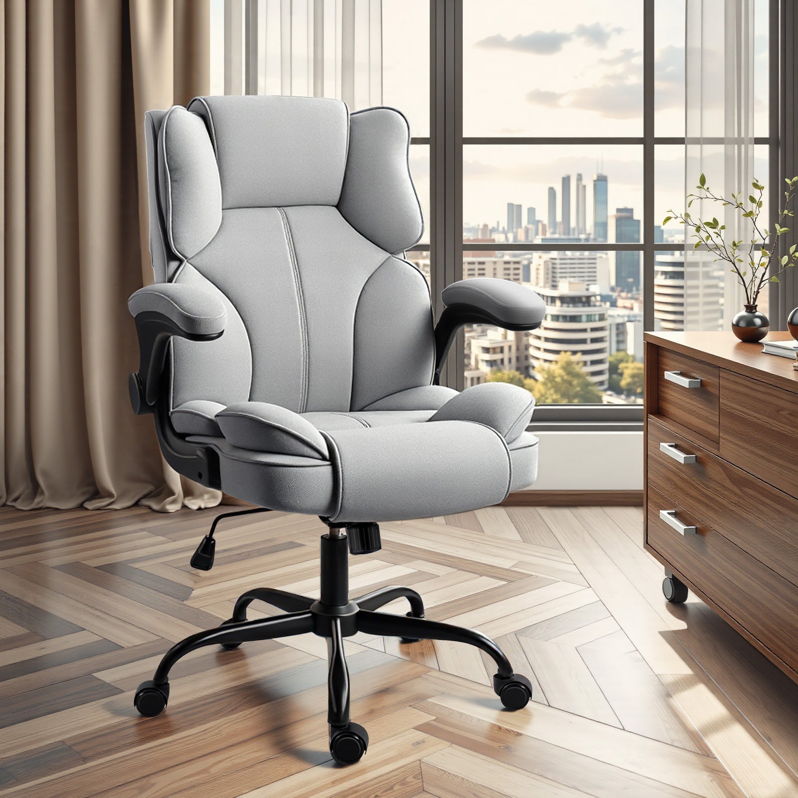 GGCIR High Back Fabric Executive Office Chair in grey placed in a stylish office setting, ideal for productivity and comfort.