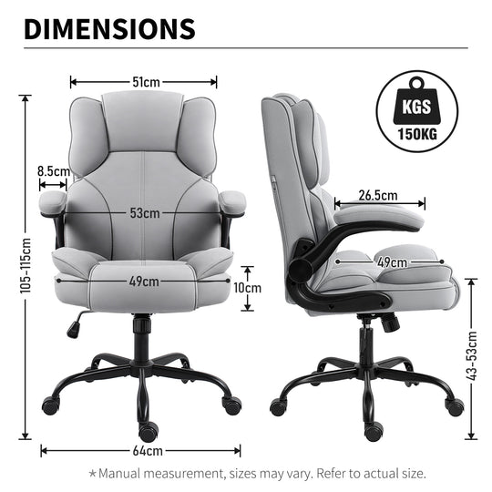GGCIR grey executive office chair dimensions showing adjustable height, wide seat, and 150kg weight capacity for ergonomic support.