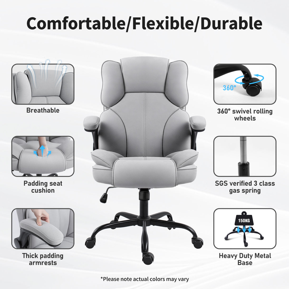 GGCIR grey executive office chair features breathable fabric, thick padding, 360° swivel wheels, and heavy-duty metal base.