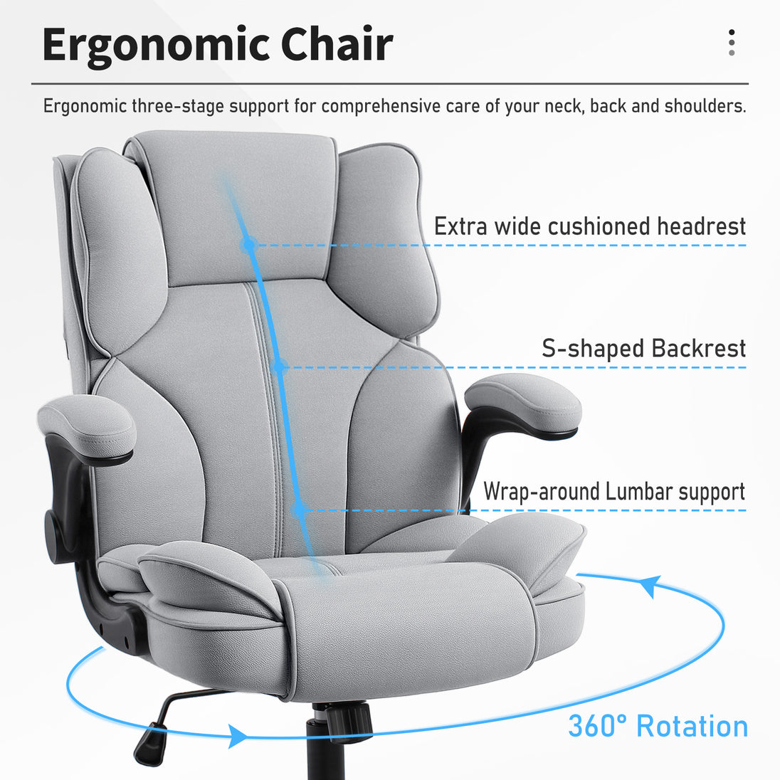 Ergonomic design of GGCIR High Back Fabric Executive Office Chair with cushioned headrest, S-shaped backrest, and lumbar support.