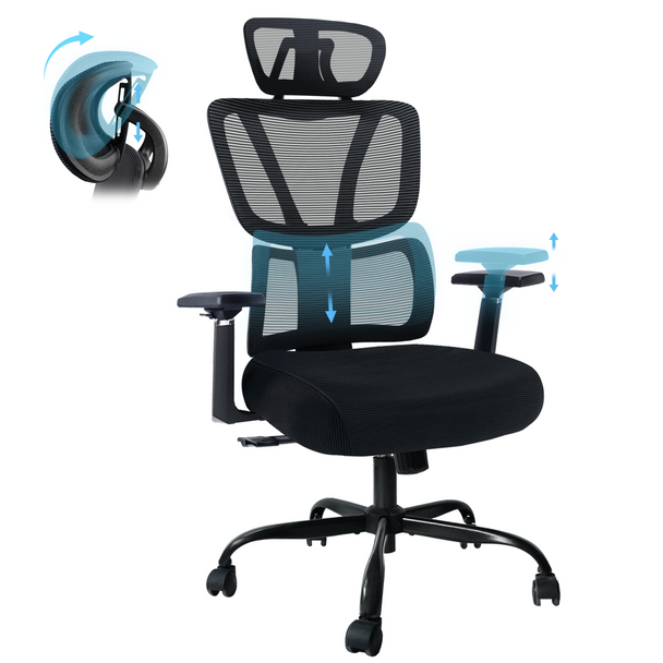 Ergonomic office chair with adjustable headrest, lumbar support, and 3D armrests