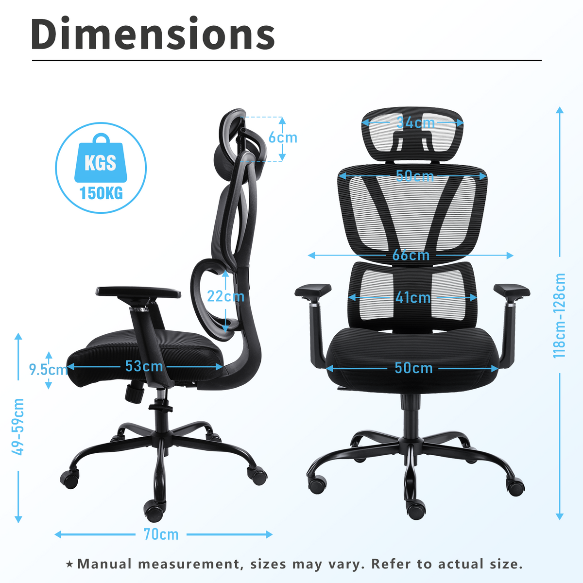 GGCIR high back ergonomic office chair with lumbar support and 3D armrests, black, with adjustable height and tilt