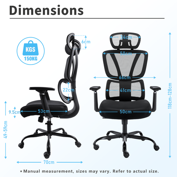 GGCIR high back ergonomic office chair with lumbar support and 3D armrests, black, with adjustable height and tilt