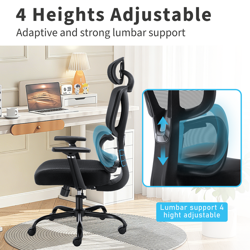 Ergonomic office chair with adjustable lumbar support and 4 height settings