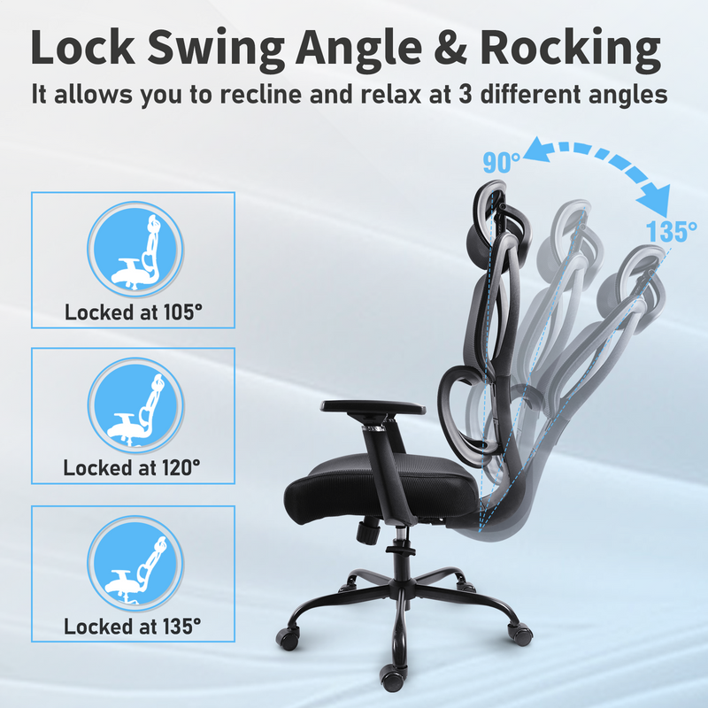Ergonomic office chair with adjustable swing angles, lumbar support, and 3D armrests