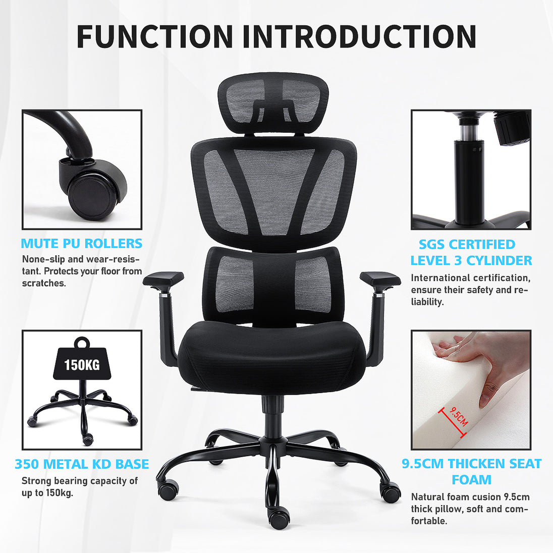 Features of the GGCIR ergonomic office chair, including mute PU rollers, SGS-certified cylinder, 350 metal base, and thick seat foam.