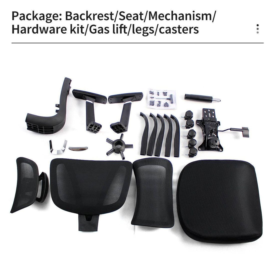 Assembly kit for the GGCIR ergonomic office chair, including backrest, seat, hardware, gas lift, legs, and casters.