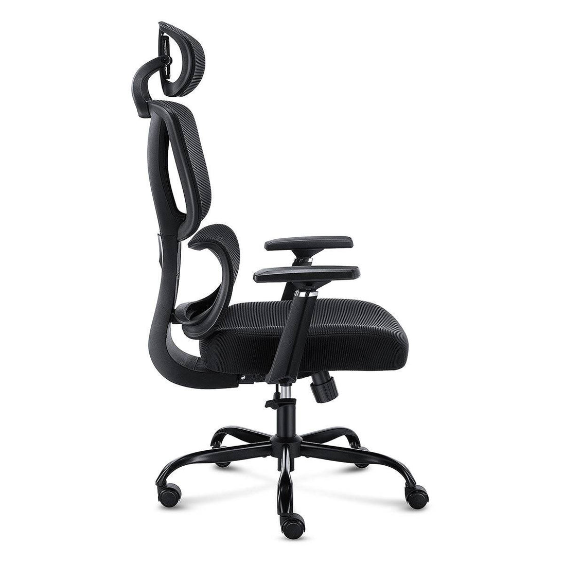 Side view of the GGCIR ergonomic office chair with adjustable armrests, lumbar support, and a contoured seat for comfort.