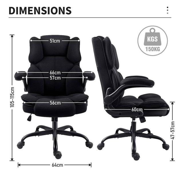 Dimensions of the GGCIR Fabric Executive Office Chair with measurements and 150kg weight capacity.