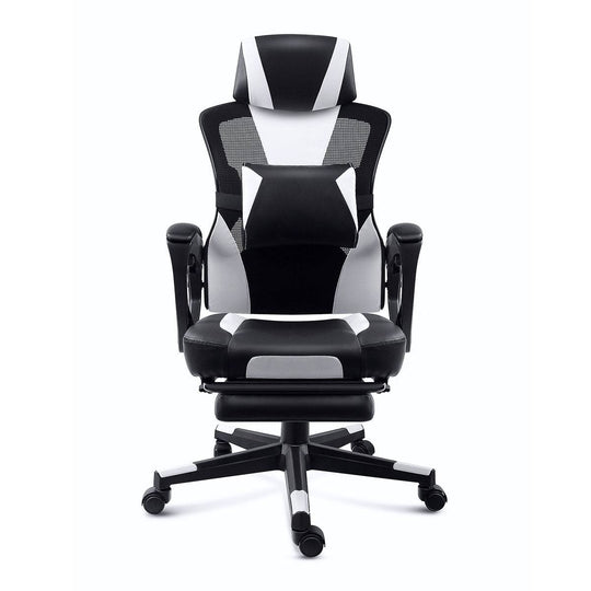 Front view of the GGCIR Gaming Chair in black and white with lumbar support and retractable footrest, designed for ergonomic comfort.