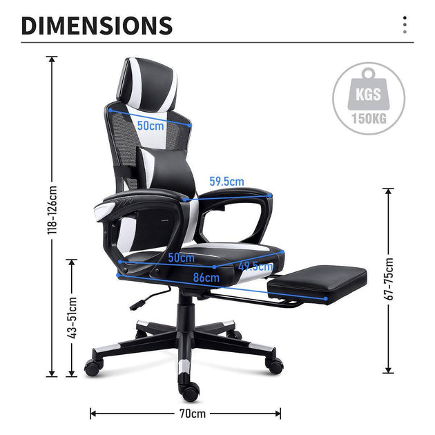 Dimensions of the GGCIR Gaming Chair with measurements for height, width, and footrest extension, supporting up to 150 kg.