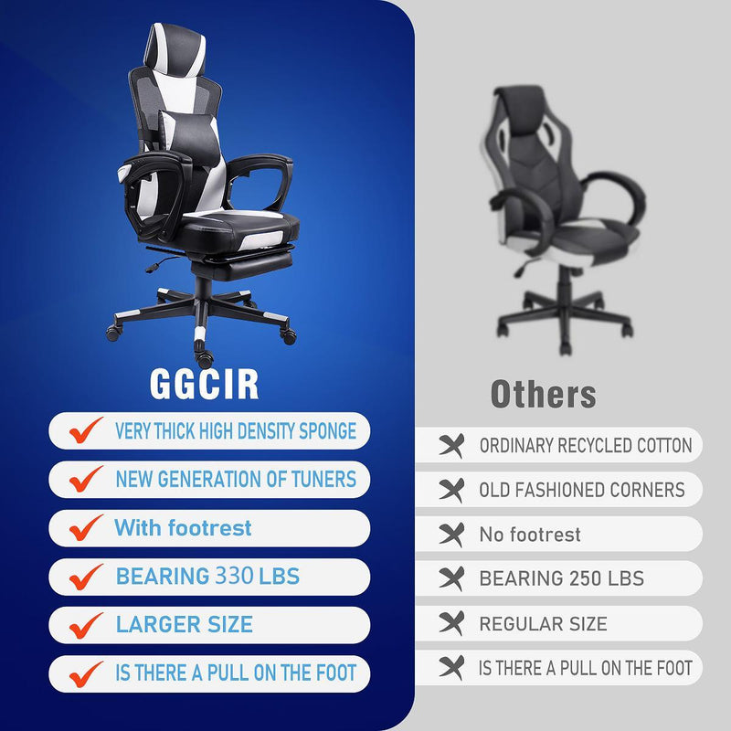 Comparison of the GGCIR Gaming Chair with Footrest against other chairs, highlighting its thick sponge padding, footrest, and larger size for better comfort.