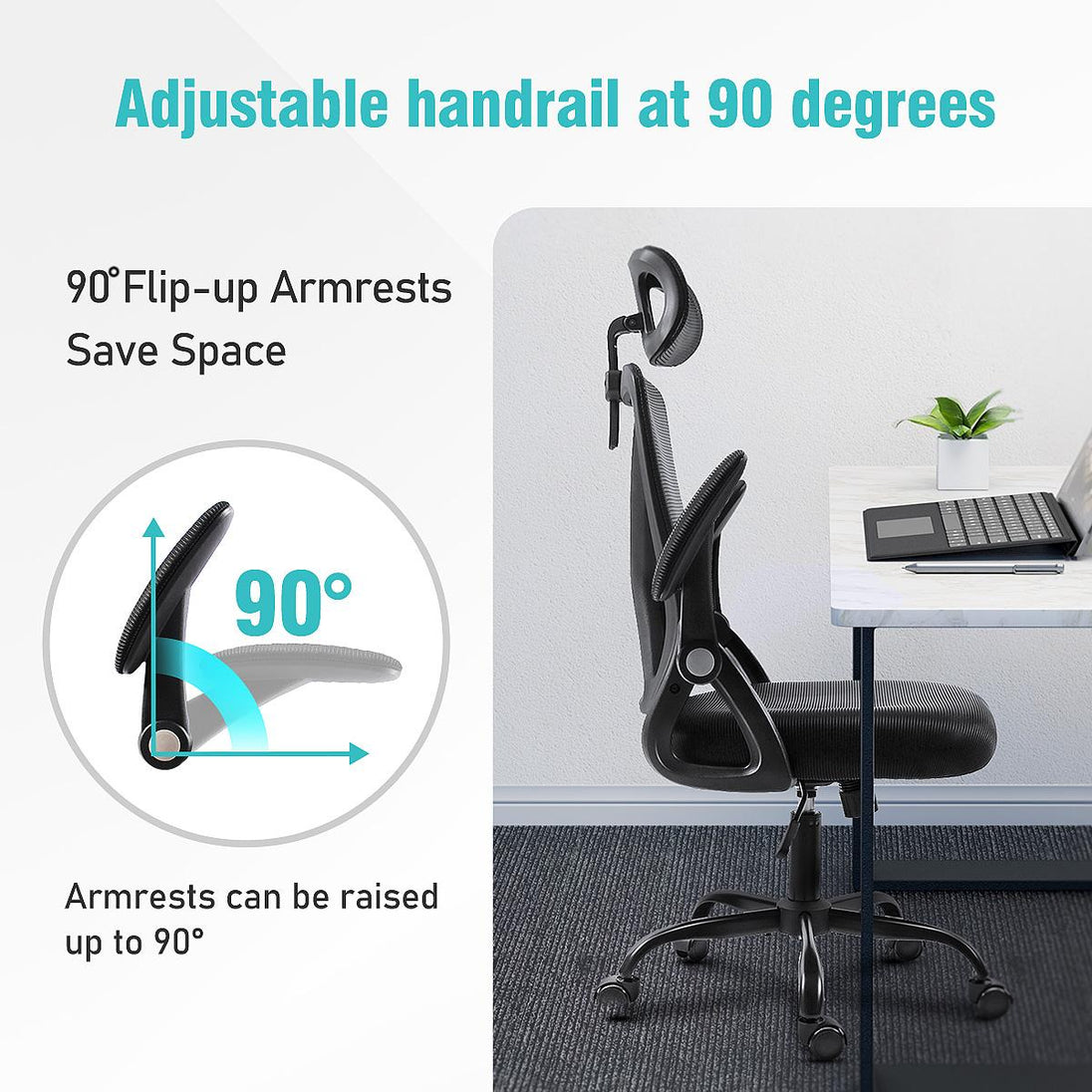 Adjustable flip-up armrests of the GGCIR Office Chair, allowing 90-degree rotation for space-saving and ergonomic support.