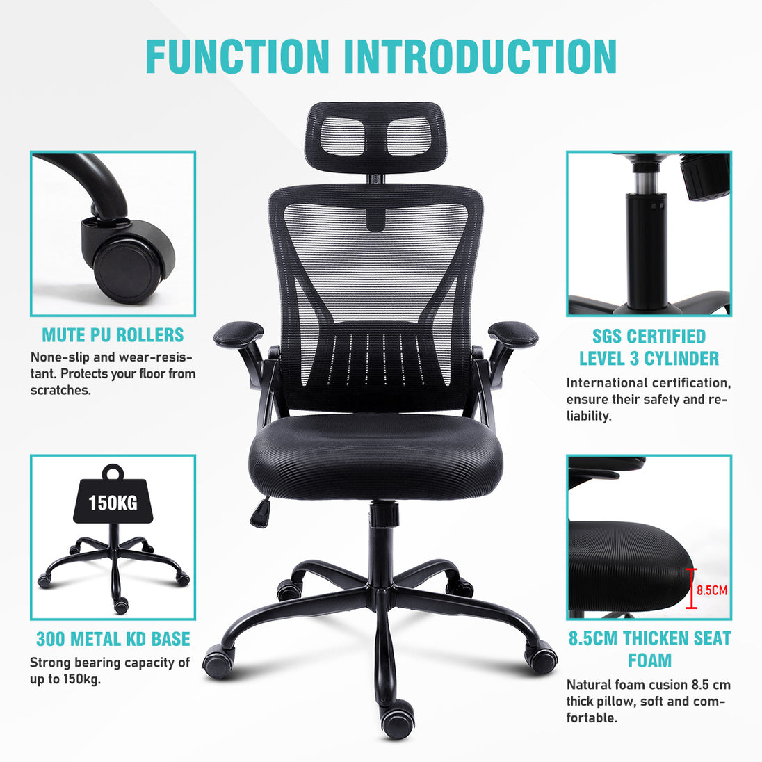 Detailed features of the GGCIR Mesh Ergonomic Office Chair, including mute PU rollers, SGS-certified cylinder, and 300 metal KD base.